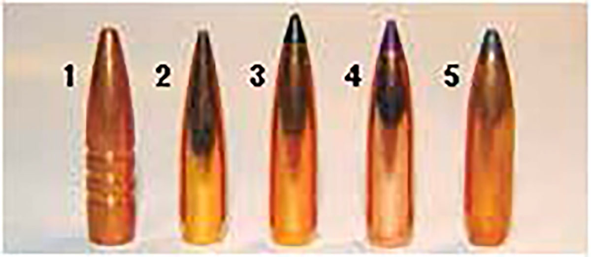 Bullets used to assemble 243 Winchester handloads for the Browning X-Bolt 2 Hunter included from left to right: (1) Barnes’ 85-grain TSX BT, (2) Berger’s 87-grain VLD Hunting, (3) Swift Bullets’ 90-grain Scirocco II, (4) Nosler’s 95-grain Ballistic Tip  Hunting and (5) Sierra’s 100-grain BTSP.